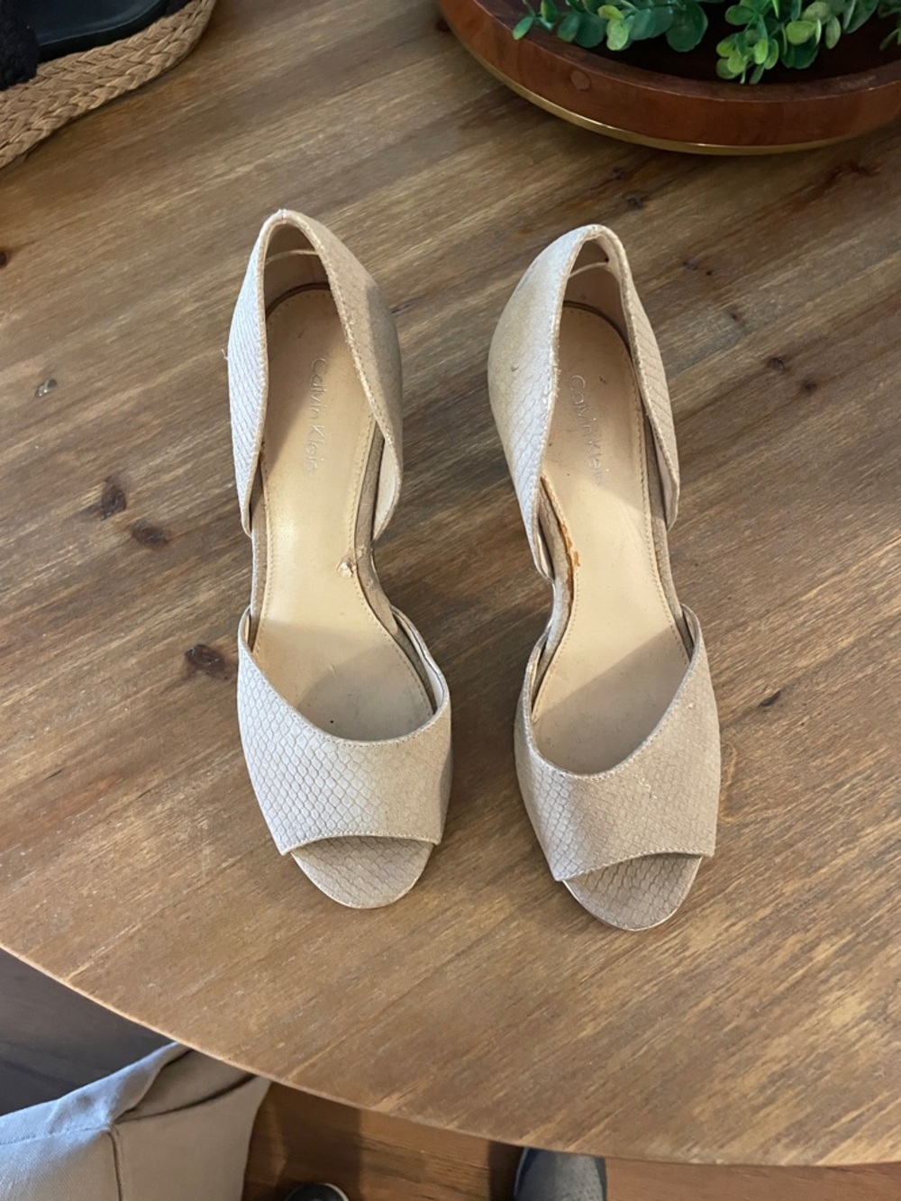 Calvin Klein Neutral Textured D'Orsay Peep-Toe Heels